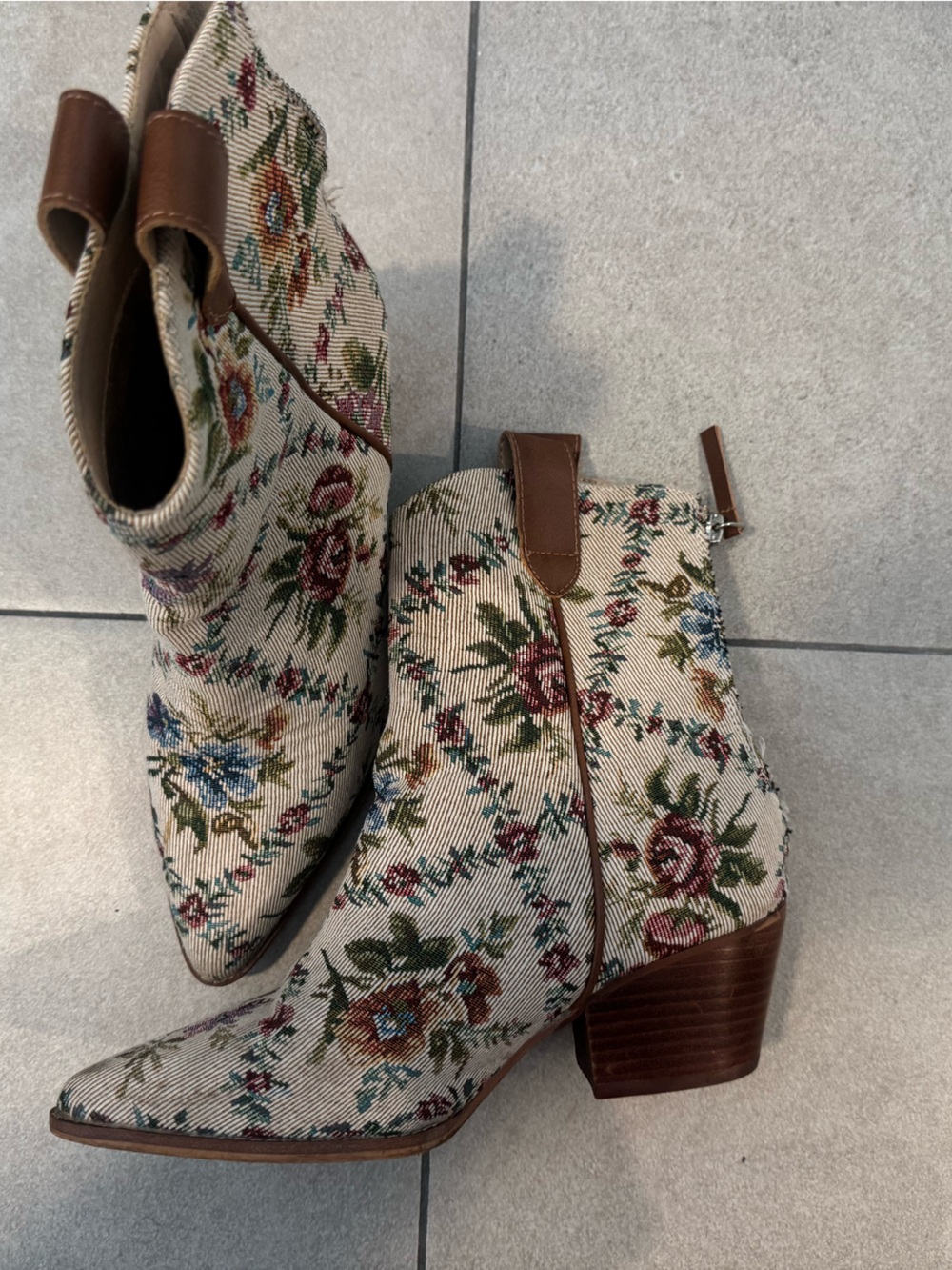 Altar'd State Cream Floral Woven Ankle Boots with Brown Heel
